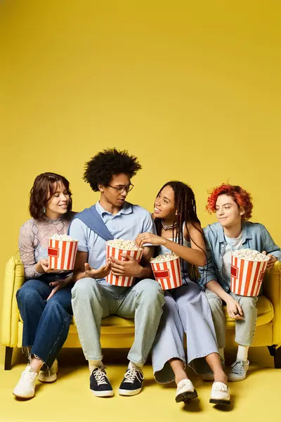 Multicultural friends in stylish attire relax on top of a yellow couch in a studio setting, creating a lively and vibrant scene. — Stock Photo