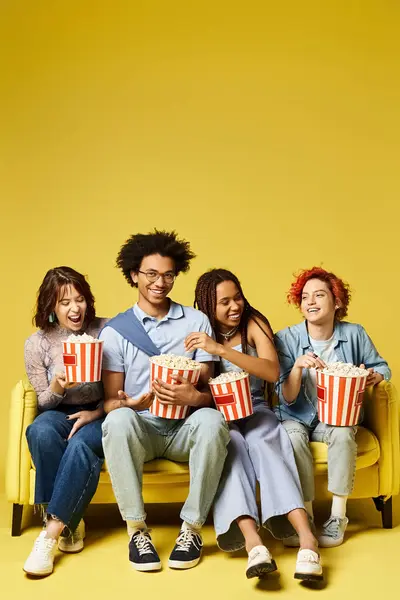 Multicultural group in stylish attire happily sit atop yellow couch in studio setting. — Stock Photo