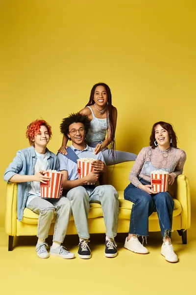 Young multicultural friends, some in stylish attire, relax on top of a vibrant yellow couch in a studio setting. — Stock Photo