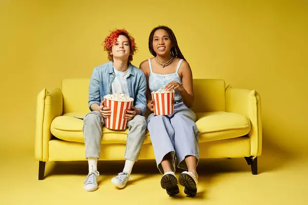 Freunde entspannen auf einer gemütlichen Couch, jeder hält einen Eimer Popcorn in der Hand und genießt einen lustigen Filmabend in einem stilvollen Studio-Ambiente. — Stockfoto