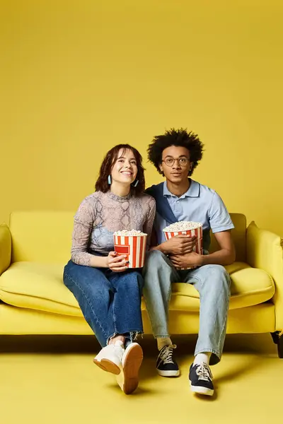 A man and a woman sitting comfortably on a vibrant yellow couch, sharing a moment of relaxation and connection. — Stock Photo