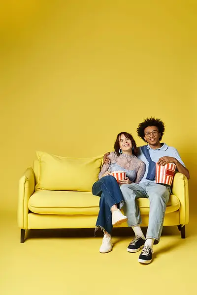 A man and a woman are seated on a vibrant yellow couch, chatting and enjoying each others company in a cozy setting. — Stock Photo