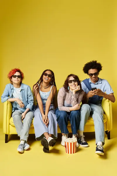 Un grupo diverso de amigos se relajan en un sofá amarillo soleado, charlando y riendo en un elegante ambiente de estudio. - foto de stock