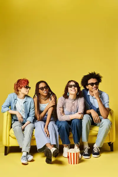 Multicultural group in stylish attire relaxes on a vibrant yellow couch in a studio setting. — Stock Photo