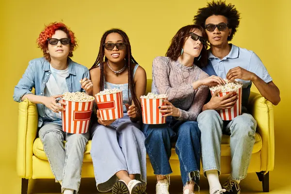 Young multicultural friends in stylish attire sit contentedly on a yellow couch in a studio setting, creating a colorful and cozy scene. — Stock Photo