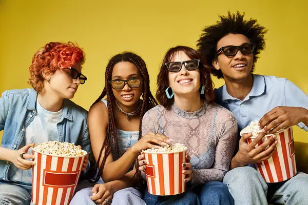 Des amis multiculturels en tenue élégante s'assoient ensemble, tenant des seaux de maïs soufflé. — Photo de stock