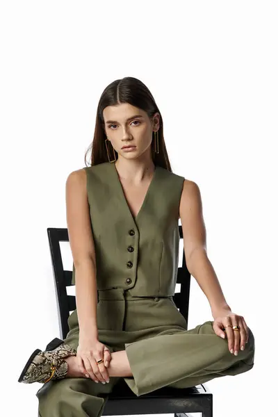 Una mujer hermosa y de moda con el pelo largo y oscuro se sienta en una silla, cruzando sus piernas, exudando elegancia sobre un fondo gris. - foto de stock