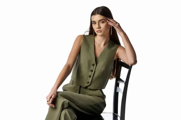 Стильна, красива жінка з довгим темним волоссям сидить на стільці в яскравому зеленому платті на сірому фоні. — стокове фото
