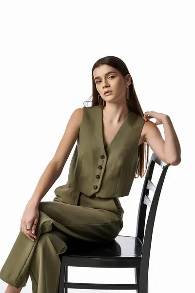 Красива стильна жінка з довгим темним волоссям позує витончено, сидячи на сучасному чорному стільці. — стокове фото