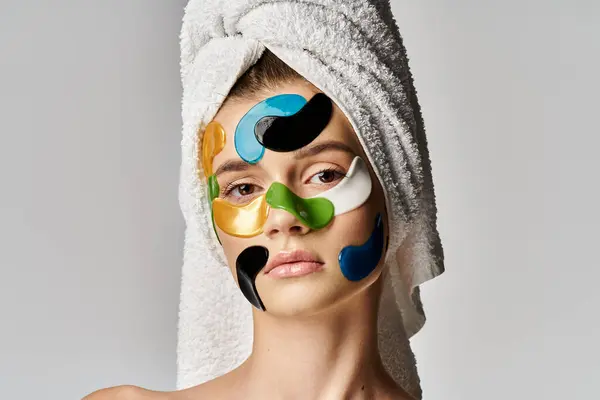 Una giovane donna con un asciugamano avvolto intorno alla testa con delle macchie sugli occhi sul viso. — Foto stock