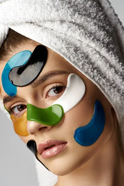Una hermosa joven, con parches en los ojos y maquillaje, posa graciosamente con una toalla envuelta alrededor de su cabeza. - foto de stock