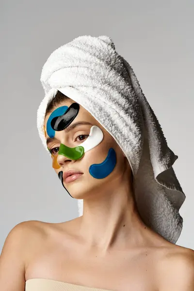 Mujer elegante con parches en los ojos, con un turbante de toalla en la cabeza, exudando serenidad y belleza. - foto de stock