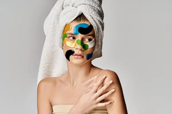 Femme séduisante avec une serviette et des bandeaux oculaires, incarnant la relaxation et l'autosoin dans un cadre serein. — Photo de stock