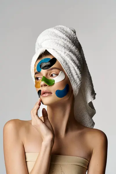 Hermosa mujer con una toalla envuelta alrededor de su cabeza y parches para los ojos. - foto de stock