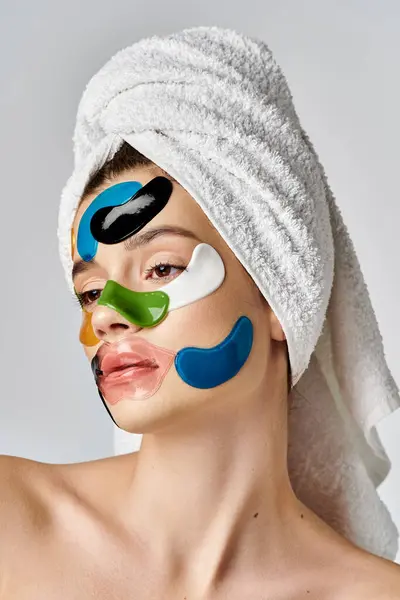 Una joven serena con parches en la cara y una toalla envuelta alrededor de su cabeza posa graciosamente. - foto de stock