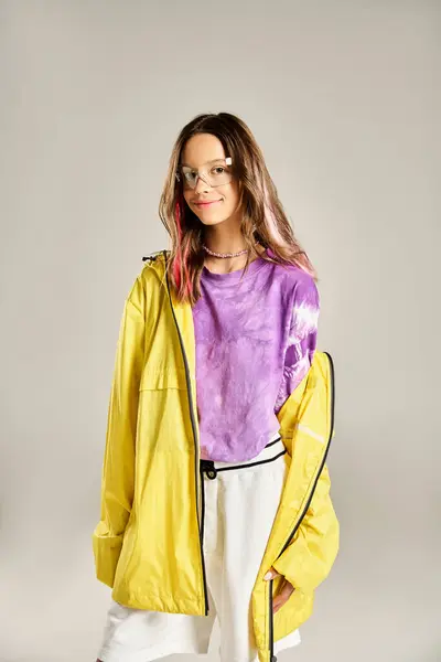 Teenagermädchen mit dynamischer Eleganz in gelber Jacke und weißer Hose, die Stil und Selbstbewusstsein ausstrahlt. — Stockfoto