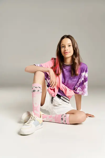 Uma menina adolescente elegante e vibrante com boa aparência se senta pacificamente no chão com as pernas cruzadas. — Fotografia de Stock