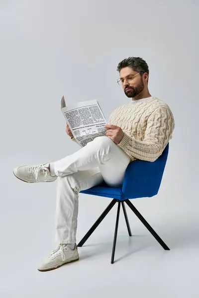 A bearded man in a white sweater sits in a chair, engrossed in reading a newspaper against a grey background. — Stock Photo