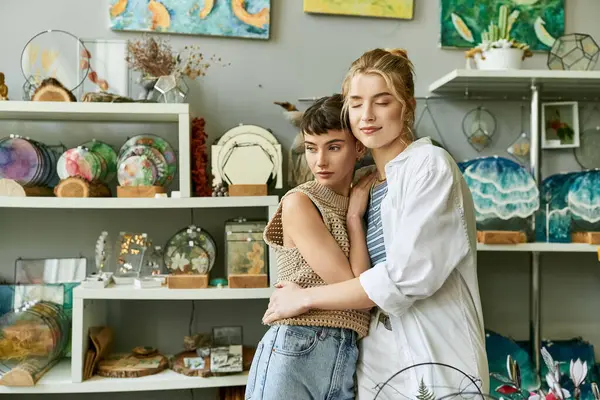 Two women in love, standing closely together in an art studio. - foto de stock