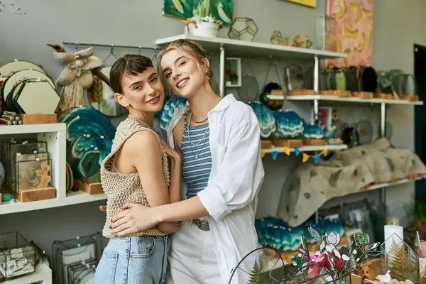 Dos mujeres jóvenes compartiendo un abrazo amoroso en una tienda. — Stock Photo