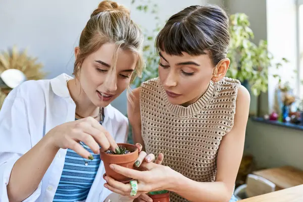 Dos mujeres artísticas admiran una planta en maceta en un momento tierno. - foto de stock