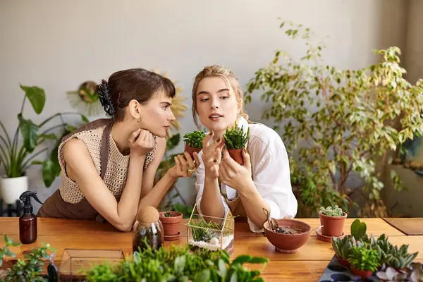 Обіймаючи мистецтво, дві жінки сидять за столом, оточеним пишними зеленими рослинами. — стокове фото