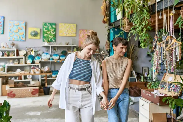 A loving, arty lesbian couple, spending time together while walking through a store. — Stock Photo