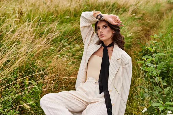 Uma bela jovem mulher de traje branco sentada em um campo, curtindo a brisa de verão. — Fotografia de Stock