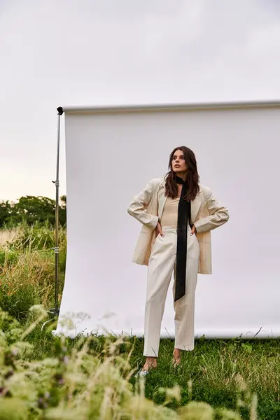 Красивая молодая женщина в белом, стоящая в поле, чувствуя летний бриз на белом фоне. — стоковое фото