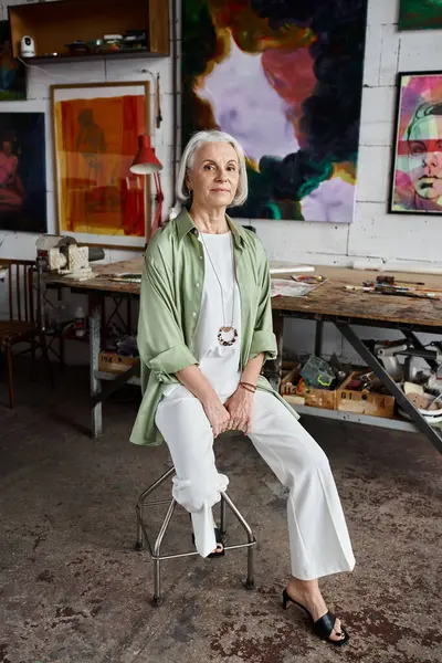 A mature woman sits on a chair in a serene room. — Stock Photo