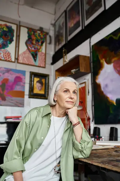 Une femme assise à une table dans une pièce remplie de belles peintures sur le mur. — Photo de stock