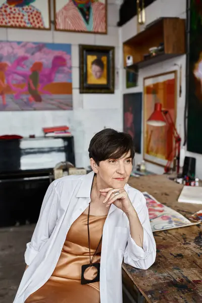A woman sitting at a table in an art studio, surrounded by paints and brushes. — Stock Photo
