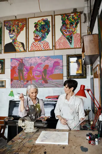Two women admire paintings in cozy art studio setting. — Stock Photo