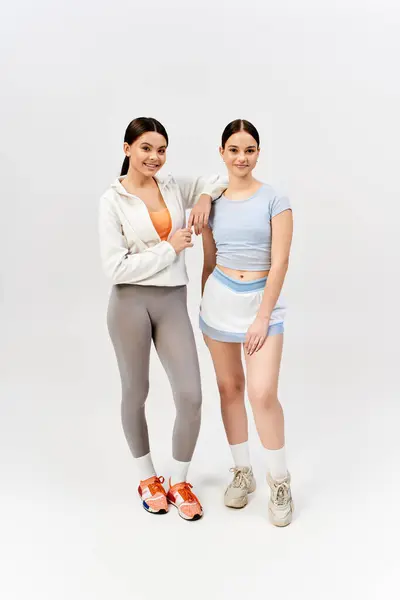 Dos guapas adolescentes morenas vestidas con ropa deportiva se paran en un estudio, exudando confianza y amistad. - foto de stock