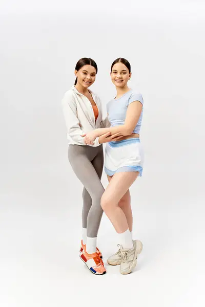 Zwei hübsche, sportliche Teenager-Mädchen, eine brünett, stehen zusammen vor weißem Hintergrund. — Stockfoto