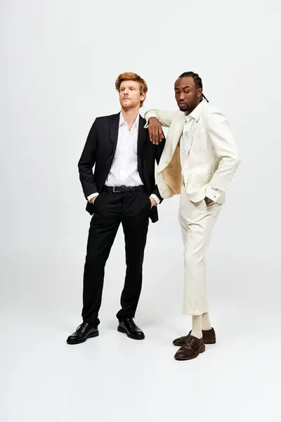 Due bei uomini multiculturali in abiti eleganti in piedi insieme. — Foto stock