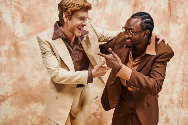 Handsome multicultural men in elegant dapper style pose side by side. — Stock Photo