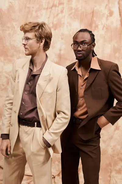 Два мультикультурных мужчины в элегантном стиле Dapper стоять бок о бок перед стеной. — стоковое фото