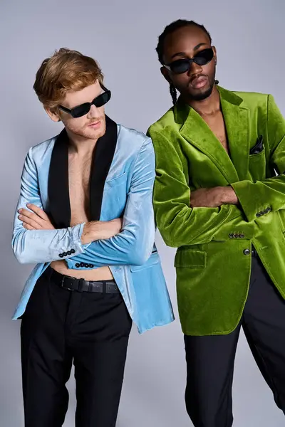 Handsome multicultural men in elegant dapper style pose together. — Stock Photo