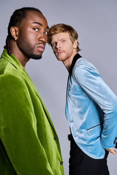 Two handsome multicultural men standing together in elegant, dapper style. — Stock Photo
