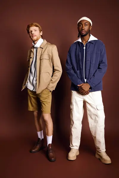 Zwei gutaussehende multikulturelle Männer mit stylischer Kleidung stehen zusammen vor braunem Hintergrund. — Stockfoto