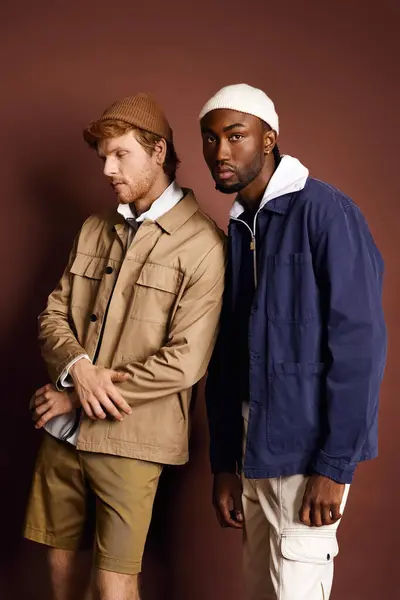 Deux hommes élégants se tiennent près d'un mur brun. — Photo de stock