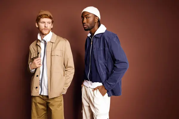 Two stylish multicultural men pose gracefully next to a textured brown wall. — Stock Photo