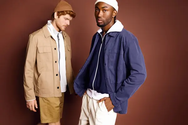 Zwei multikulturelle Männer mit stilvollem Flair stehen vor einer braunen Wand. — Stockfoto