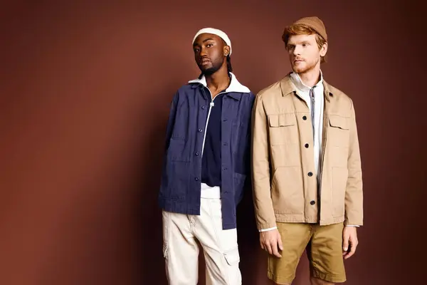 Zwei stylische Männer stehen anmutig an einer braunen Wand. — Stockfoto