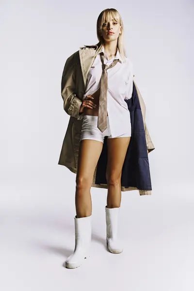 Стильна жінка позує в коротких шортах і траншеї пальто на білому тлі. — стокове фото