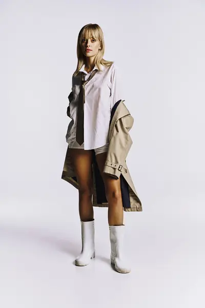 Mulher elegante combina shorts curtos e casaco de trincheira em pose impressionante. — Fotografia de Stock