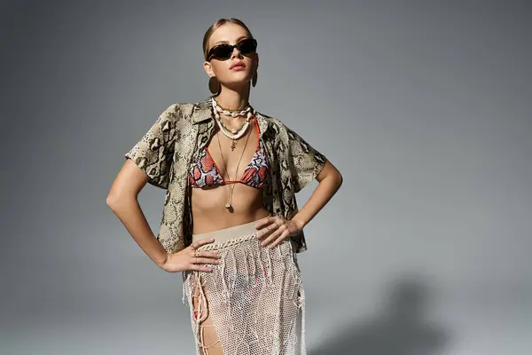 Stylish blonde woman in bikini and skirt strikes a pose. — Stock Photo