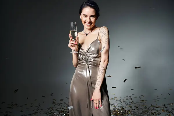 Young woman with short blue hair striking a pose in a silver dress while holding a glass of champagne. — Fotografia de Stock
