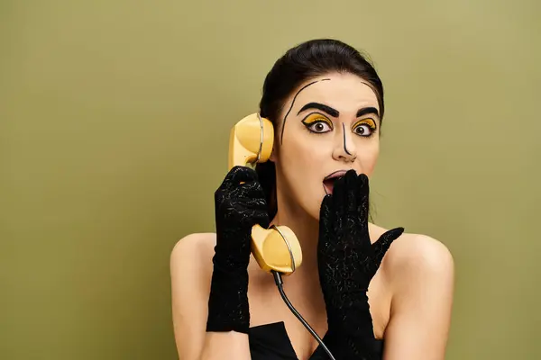 Uma mulher elegante com maquiagem pop art e luvas pretas segura um telefone no ouvido, mostrando foco intenso. — Fotografia de Stock